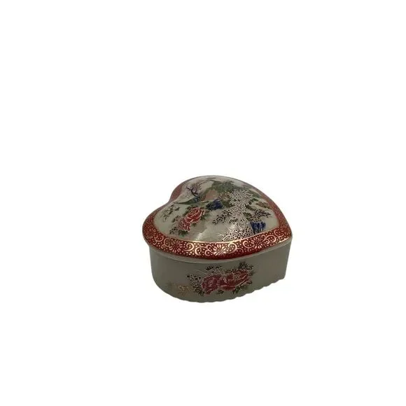 Vintage Satsuma Japan‎ Heart-Shaped Trinket Box Peacock & Floral Design - Picture 4 of 7